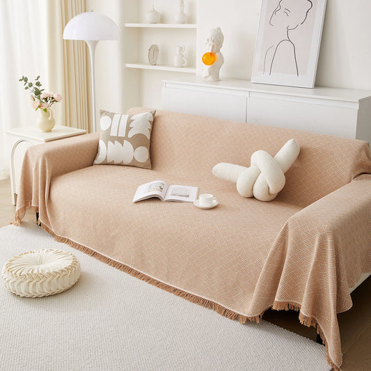 Jeté de canapé twill uni beige sur canapé 3 places