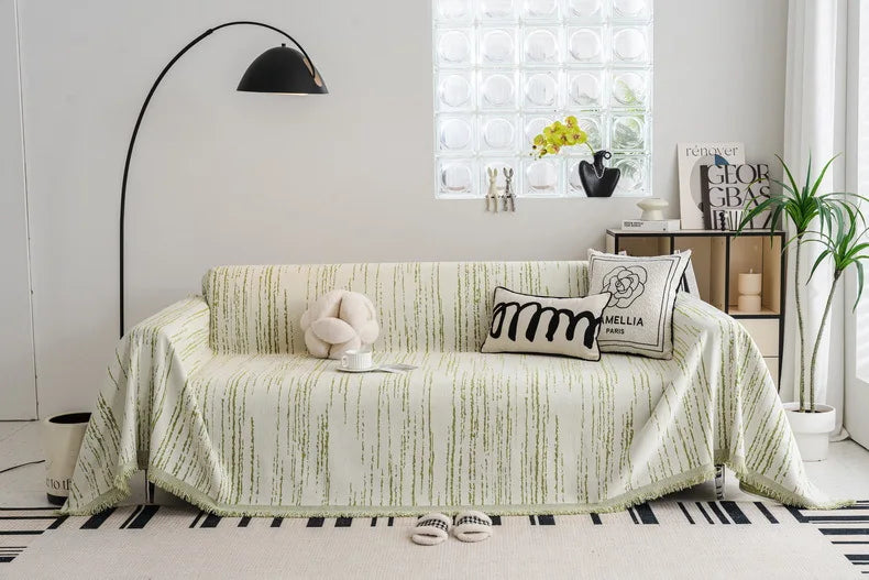 Jeté de canapé à rayures tissu chenille Blanc 180X230cm - MaisonHousse