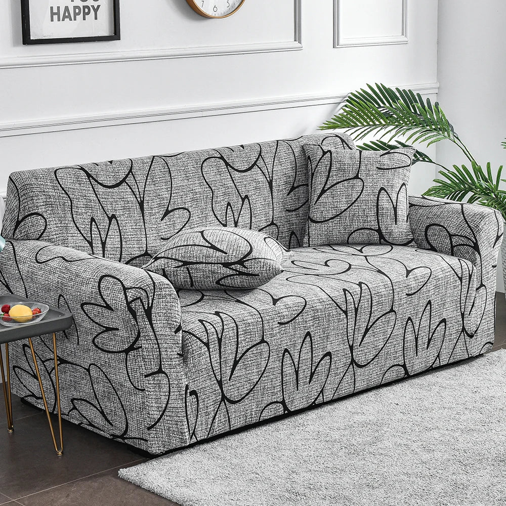 Housse de canapé extensible à motifs Plume noir 4 place(235-300cm) - MaisonHousse